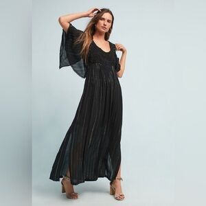 Anthropologie Farm Rio Luiza Metallic Crochet Flutter Sleeve Maxi Dress Black